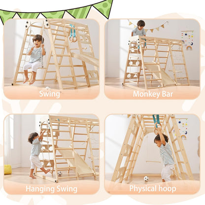 Montessori Klettergerüst aus Holz mit Rutsche und Schaukel für Kinder