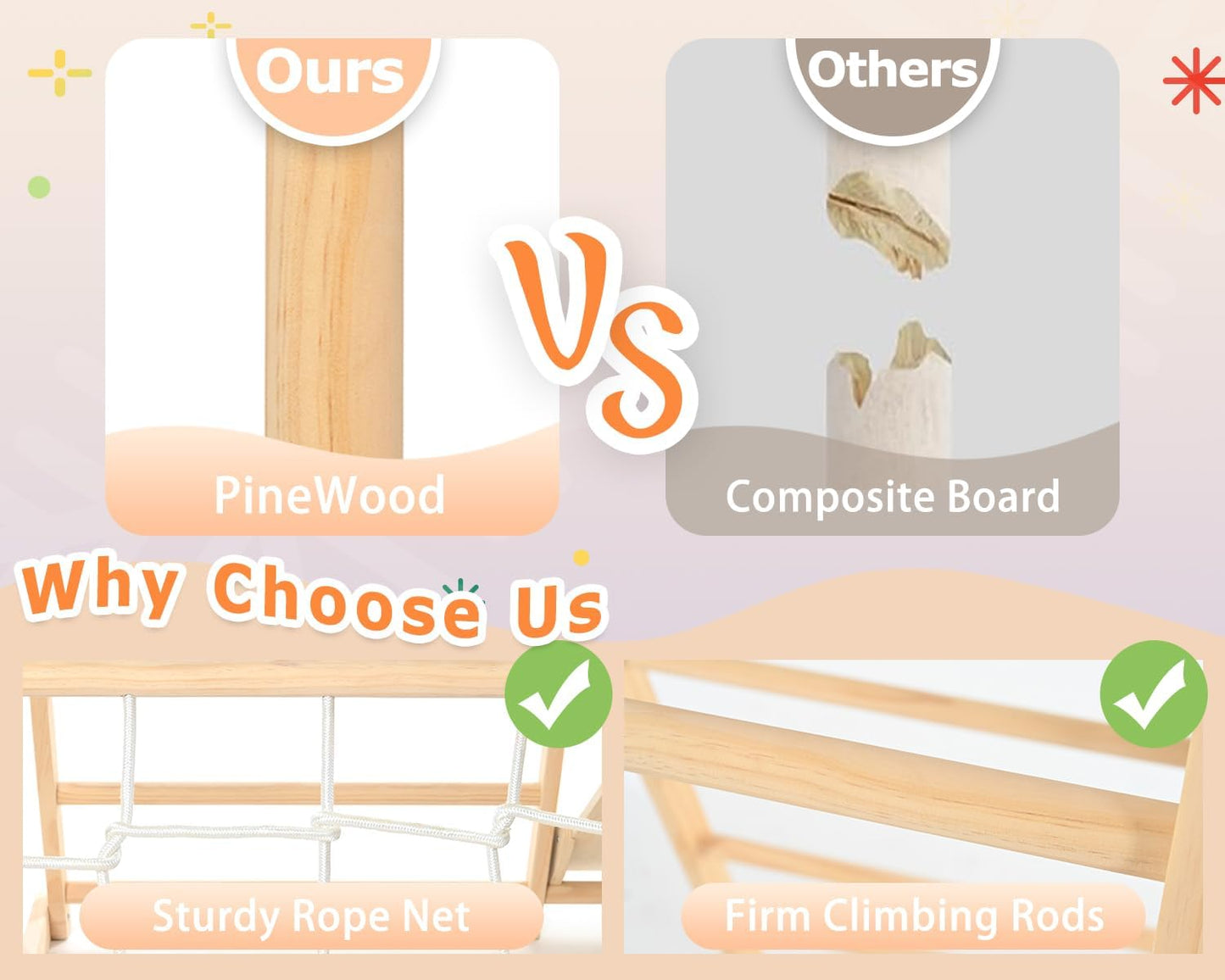 Montessori Klettergerüst aus Holz mit Rutsche und Schaukel für Kinder