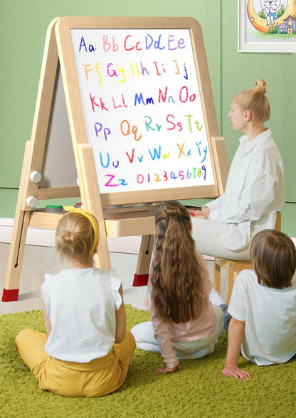 Montessori Kinderstaffelei aus Holz mit höhenverstellbarer Kreidetafel & magnetischem Whiteboard für Kinder