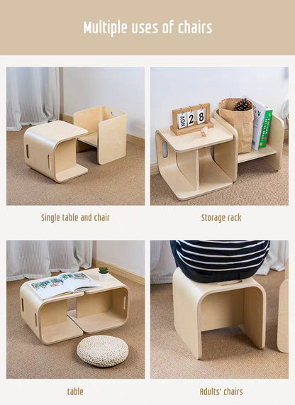 Montessori Kinderstuhl Holz 3in1 Multifunktion Sitzhocker Tisch für Kinder