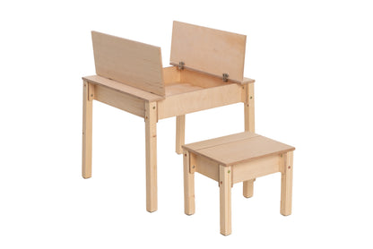 Montessori Kindertisch mit Stauraum & Hocker – Holz Schreibtisch Set für Kinder