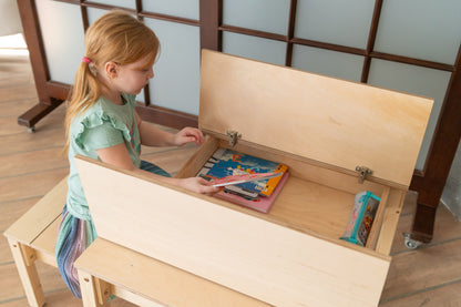 Montessori Kindertisch mit Stauraum & Hocker – Holz Schreibtisch Set für Kinder