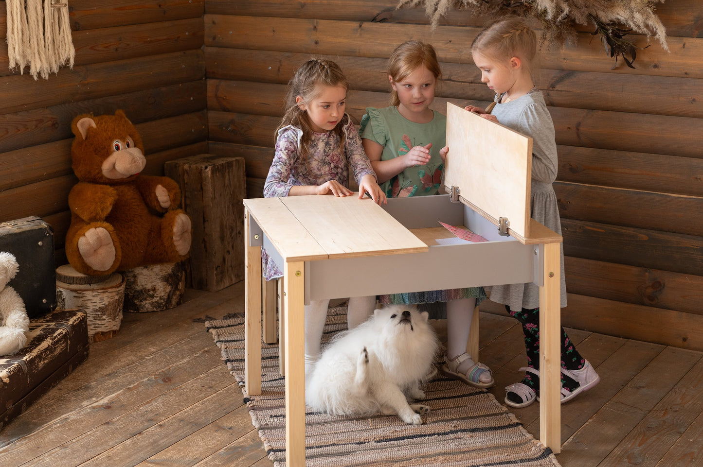 Montessori Kindertisch mit Stauraum & Hocker – Holz Schreibtisch Set für Kinder