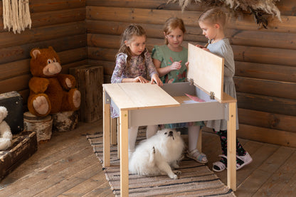 Montessori Kindertisch mit Stauraum & Hocker – Holz Schreibtisch Set für Kinder