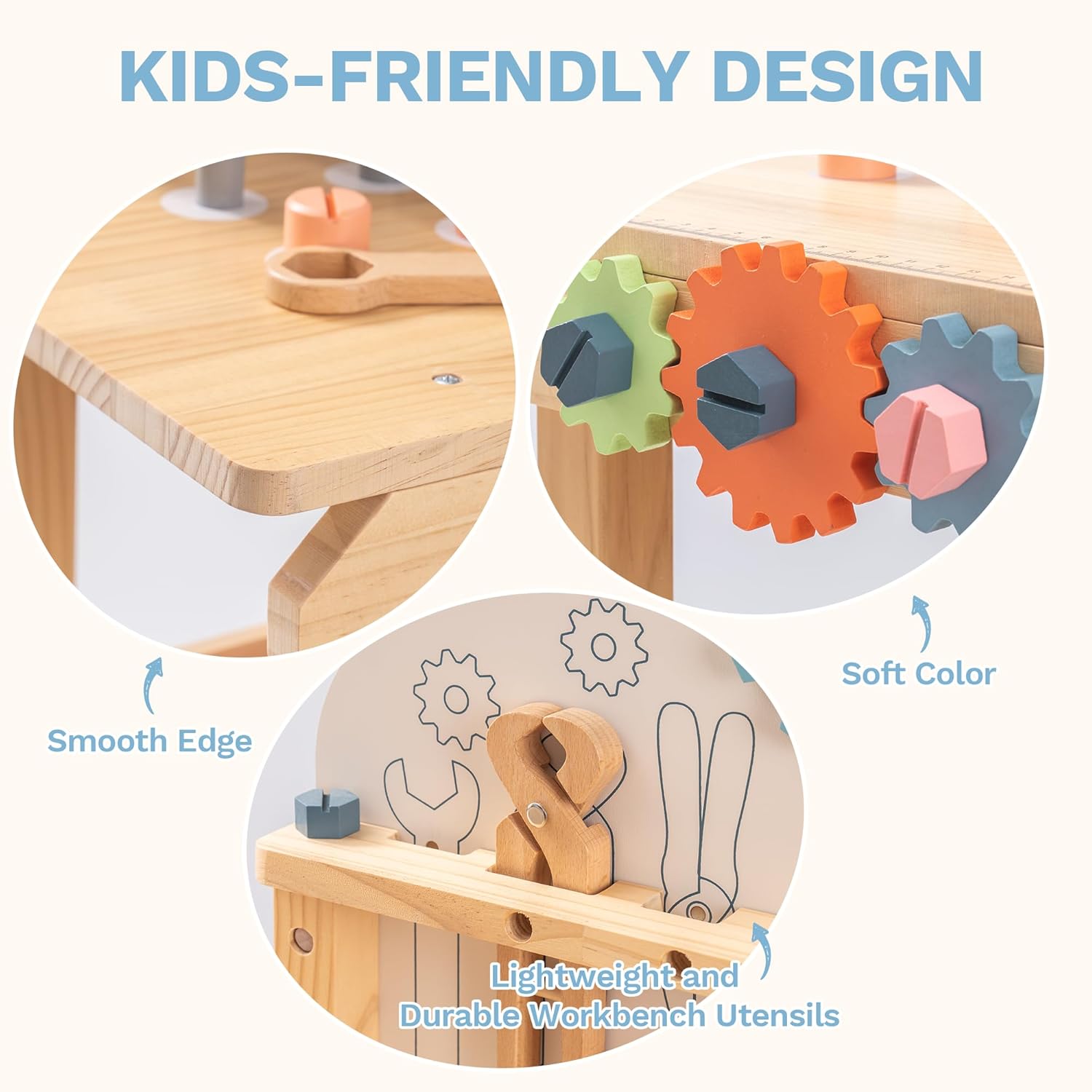 Montessori Kinder Werkzeugbank aus Holz mit Zubehör und Stauraum