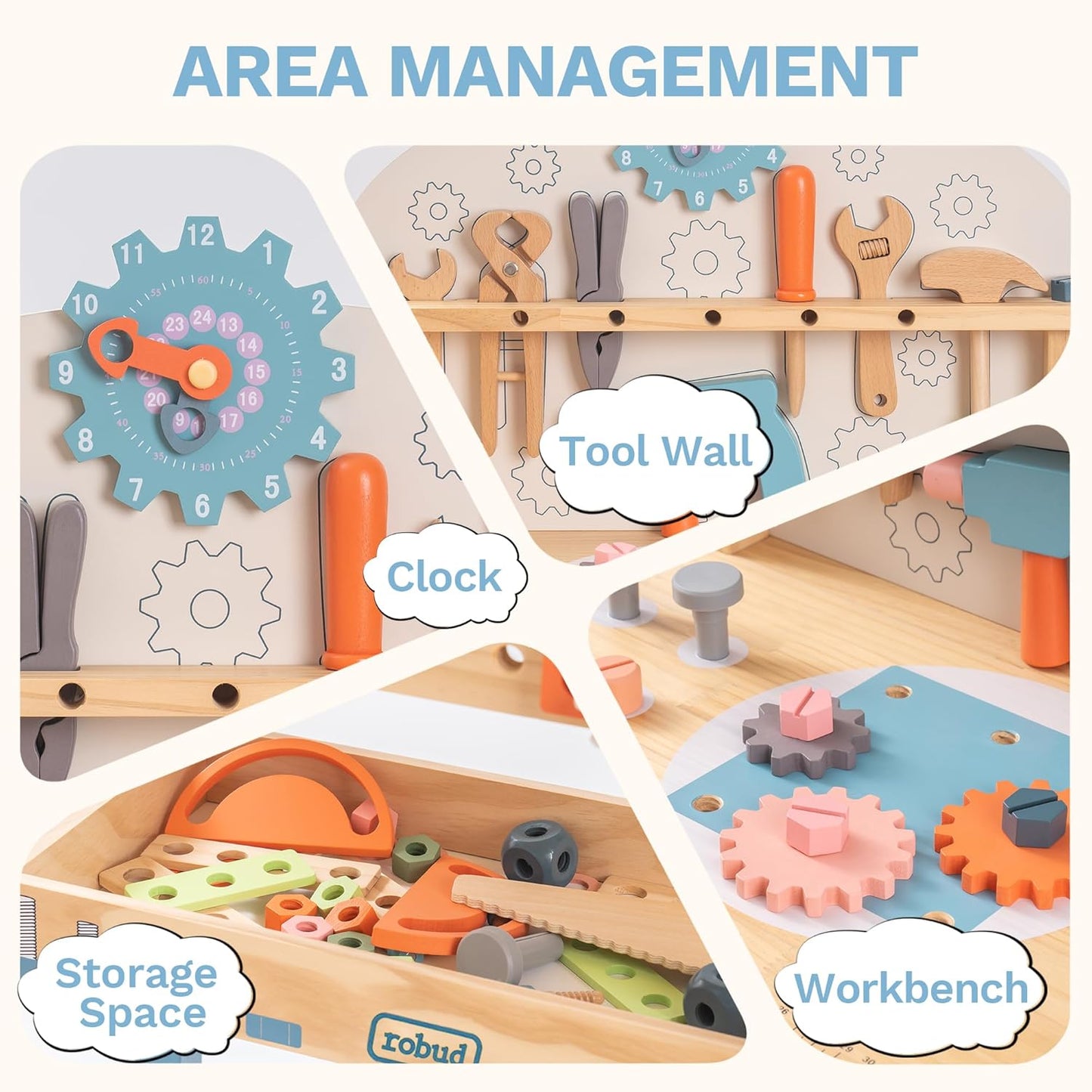 Montessori Kinder Werkzeugbank aus Holz mit Zubehör und Stauraum