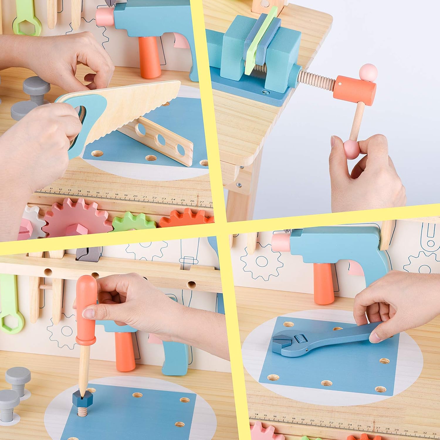 Montessori Kinder Werkzeugbank aus Holz mit Zubehör und Stauraum