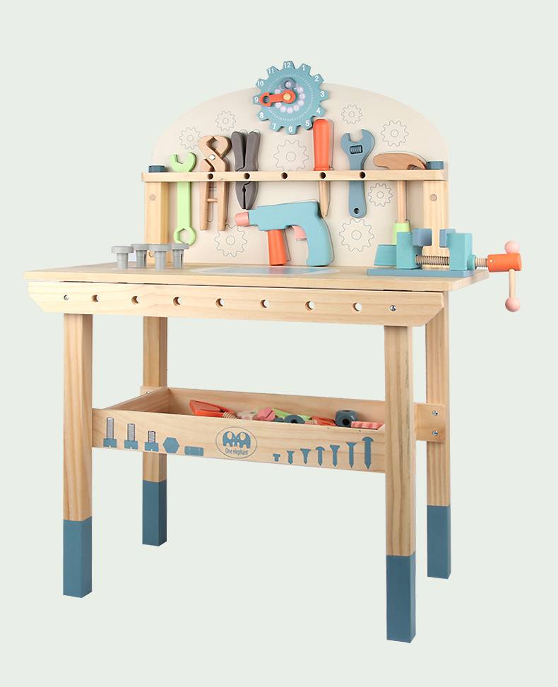 Montessori Kinder Werkzeugbank aus Holz mit Zubehör und Stauraum
