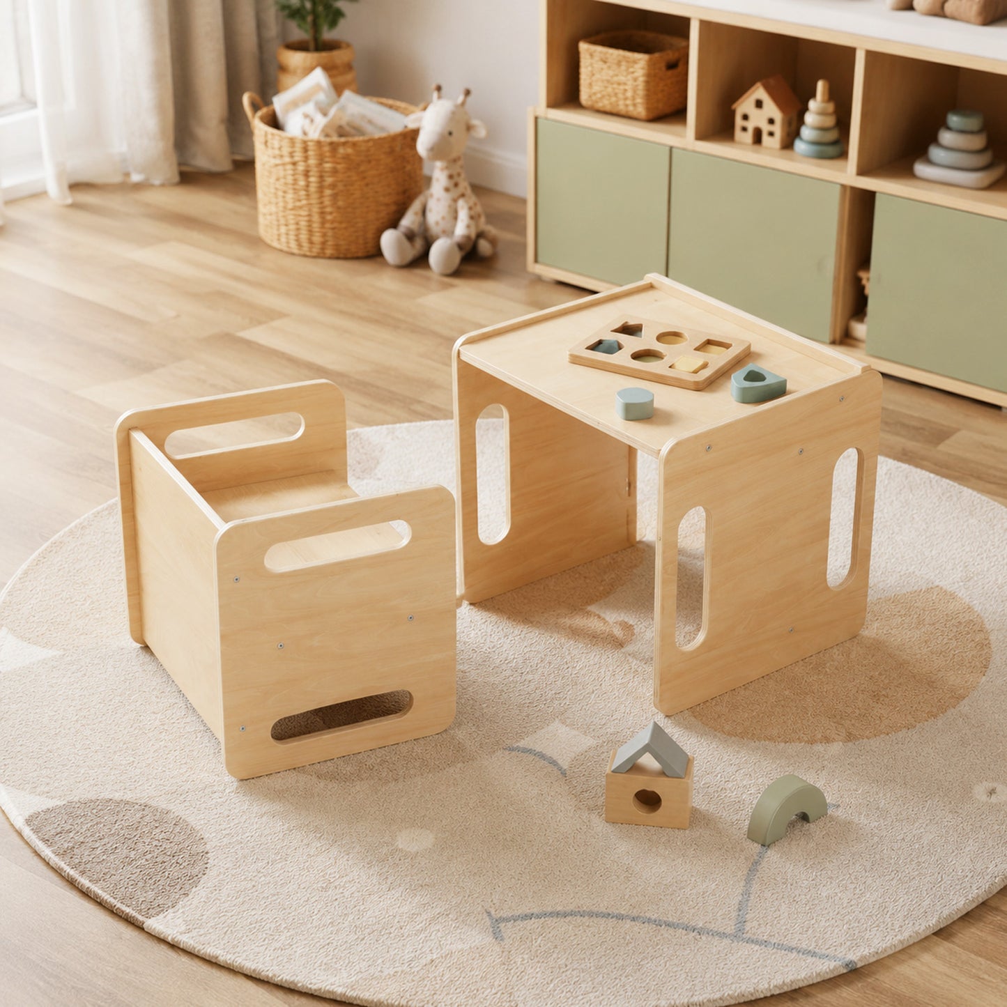 Montessori Kindertisch mit Stuhl und Holzspielzeug im hellen Kinderzimmer