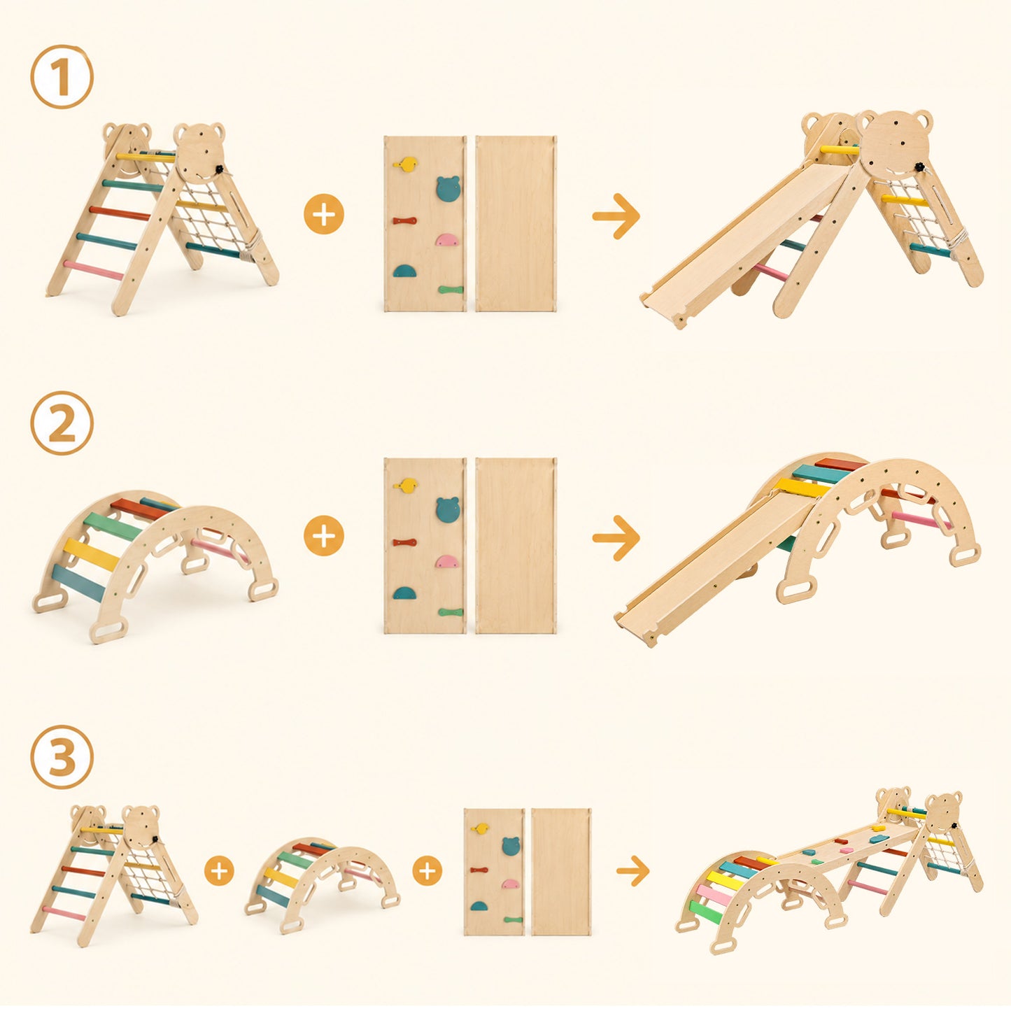 Montessori wooden climbing arch with slide and colorful rungs for toddlers
