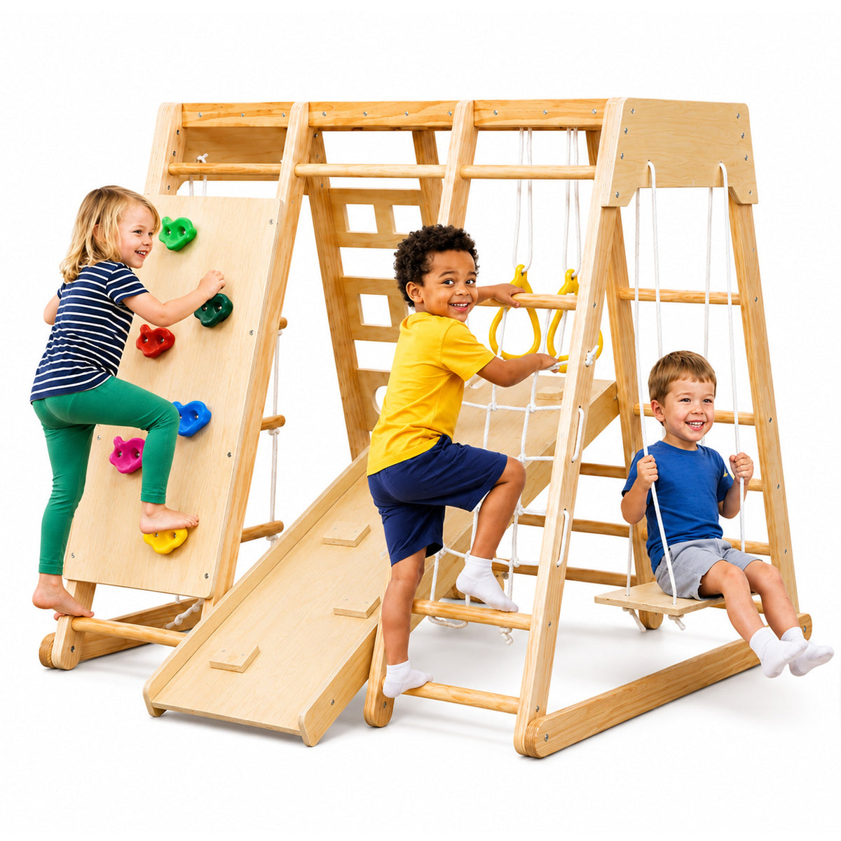 Montessori Indoor-Klettergerüst aus Holz mit Rutsche, Schaukel und Kletterwand