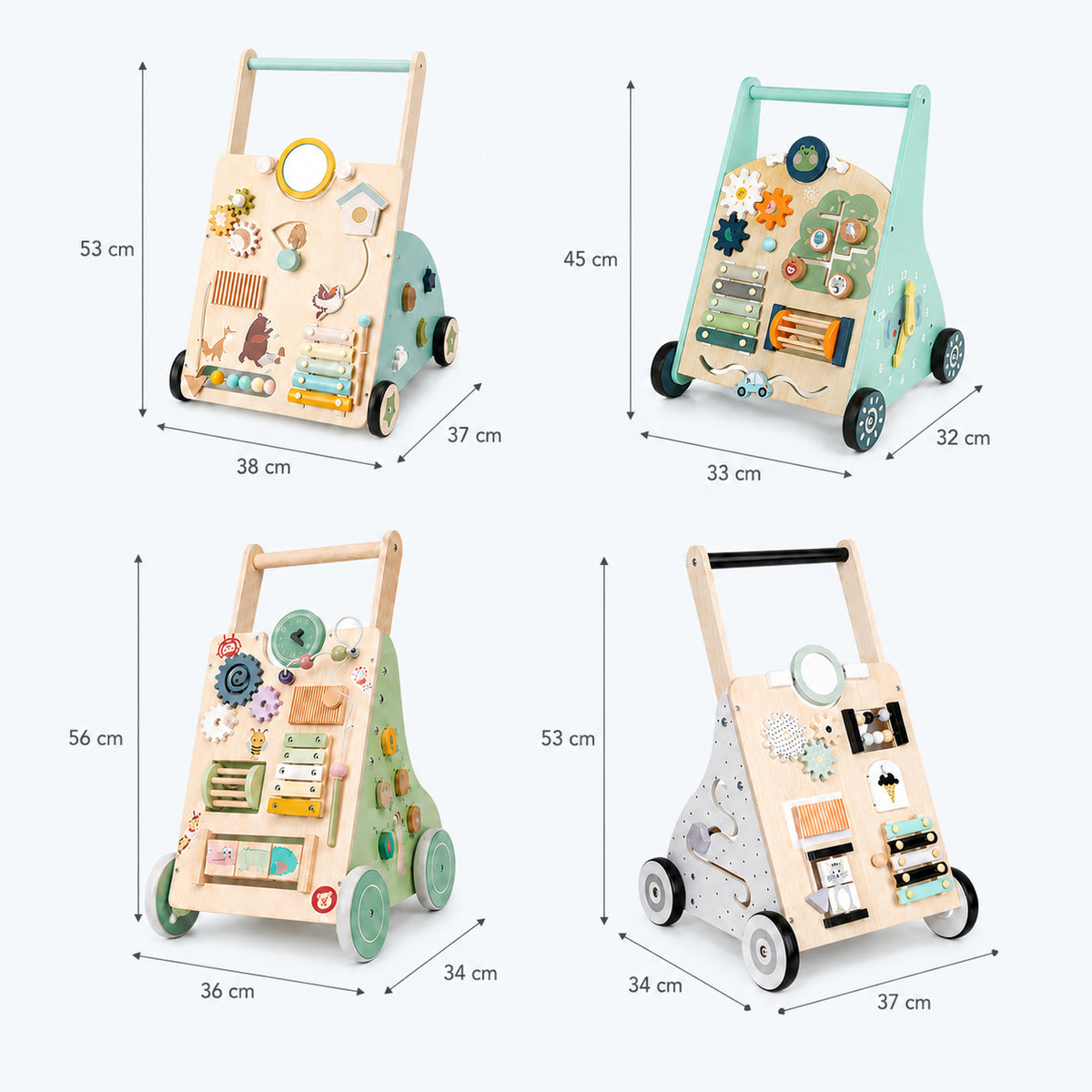 Abmessungen und Größe der Montessori Lauflernwagen Varianten aus Holz