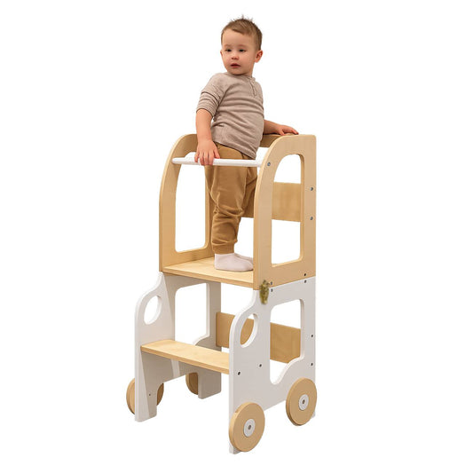 Montessori Lernturm 3-in-1 – Küchenhelfer, Tisch & Stuhl-Auto-Design