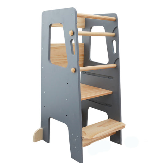 Montessori Lernturm in Grau und Naturholz – sicherer, höhenverstellbarer Tritthocker aus Holz für Kinder