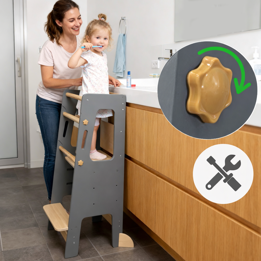 Montessori Lernturm für Kinder beim Zähneputzen im Bad