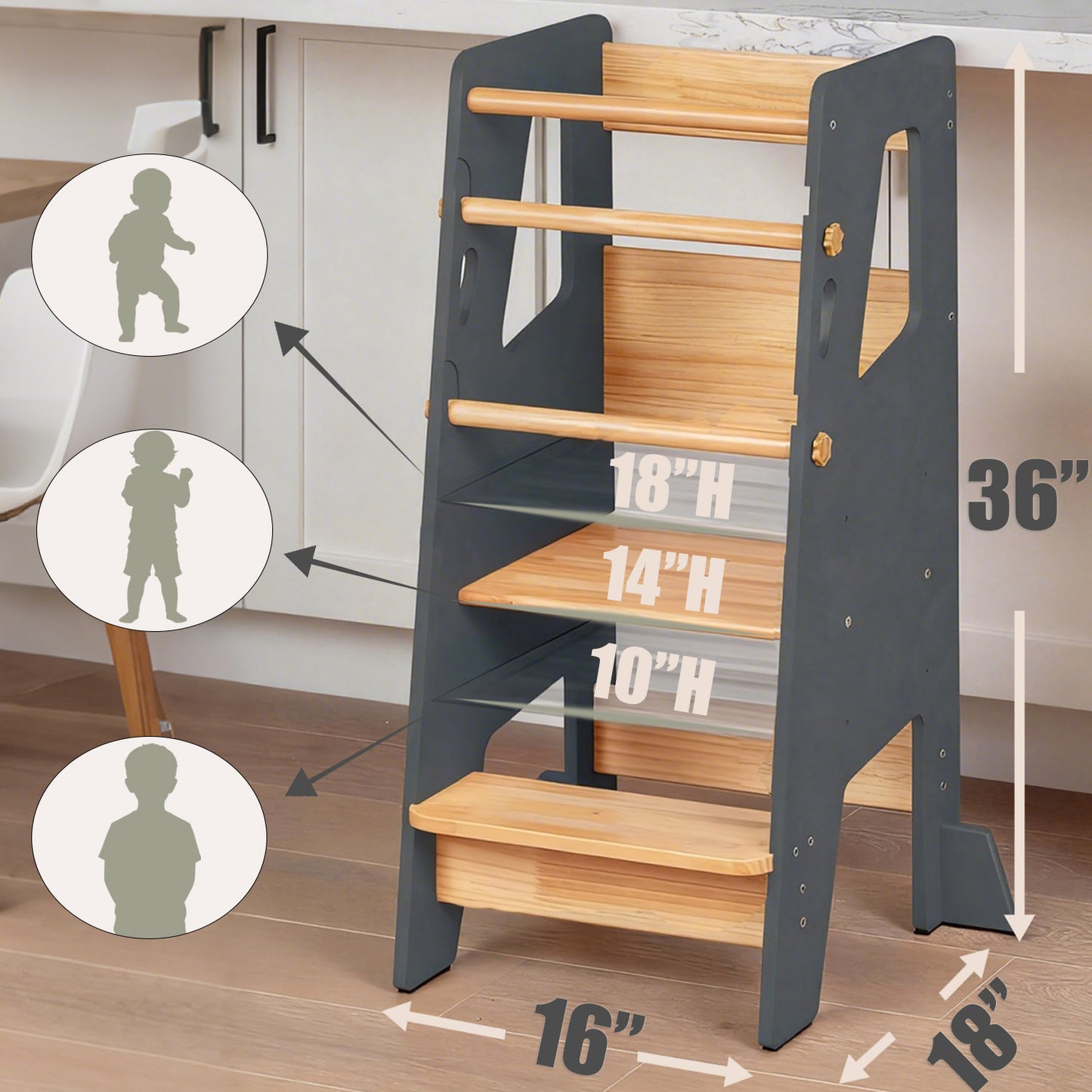 Montessori Lernturm mit 3-fach höhenverstellbarer Plattform
