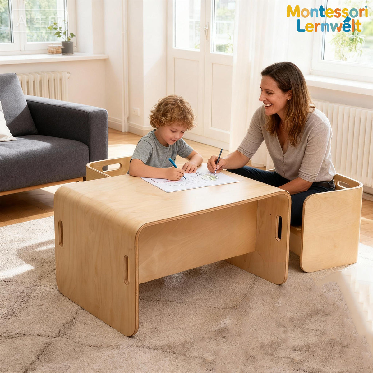 Wandelbares Montessori Tisch- und Stuhlset mit mehreren Funktionen