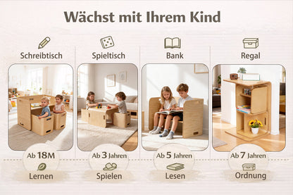 Montessori Tisch- und Stuhlset aus Holz, wandelbar als Schreibtisch, Spieltisch, Bank und Regal für Kinder