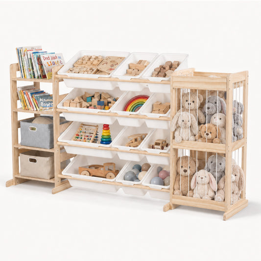 Montessori Spielzeugregal aus Holz mit Boxen, Bücherablage und Netzfach
