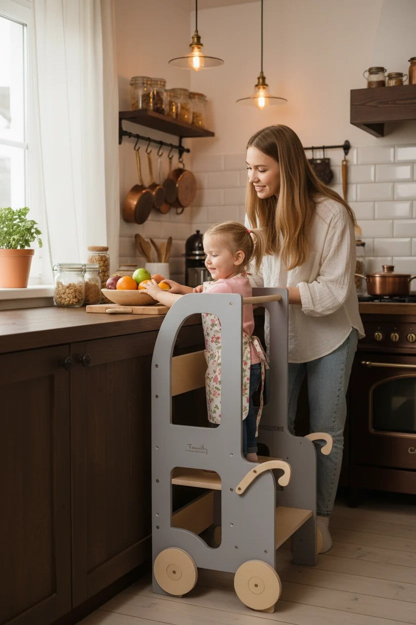Kind backt Kuchen mit Küchenhelfer