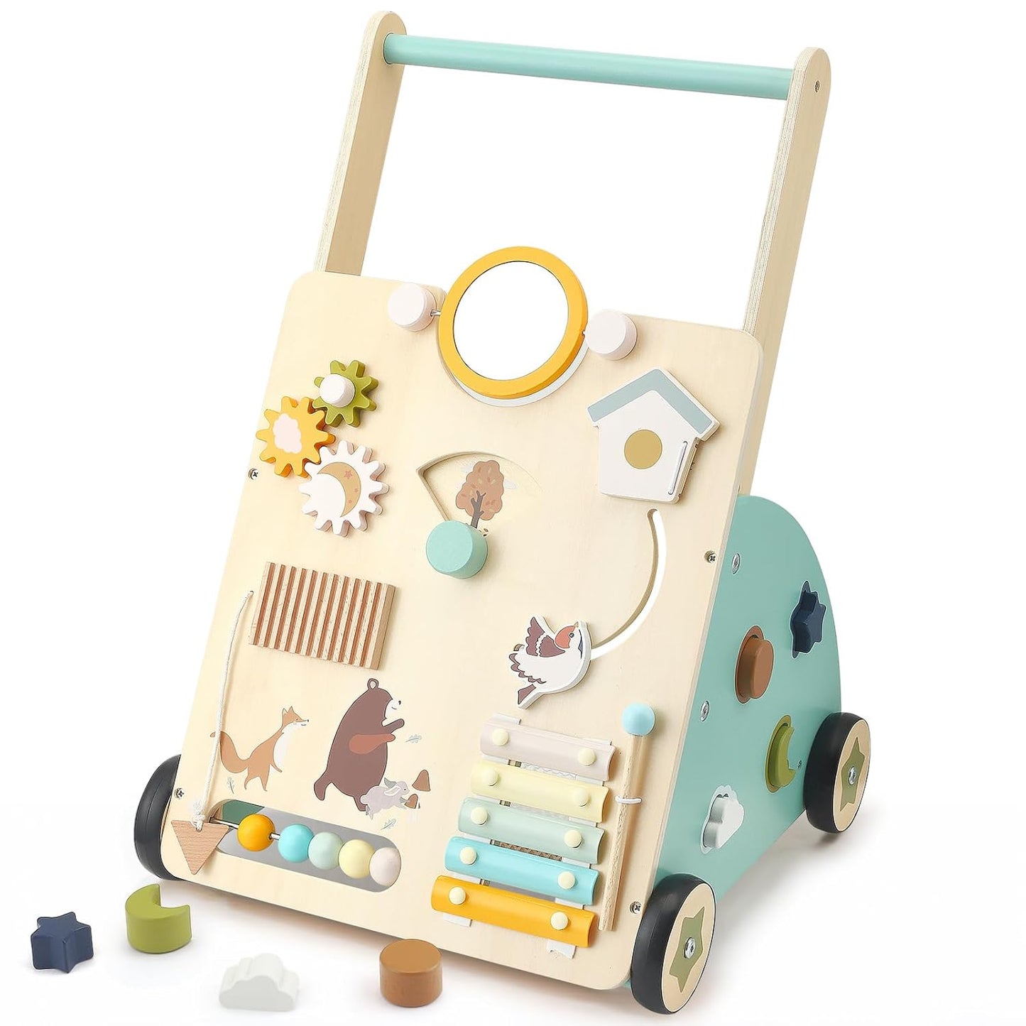 Montessori Schiebewagen aus Holz – 6-in-1 Spielzeug mit Spielelementen