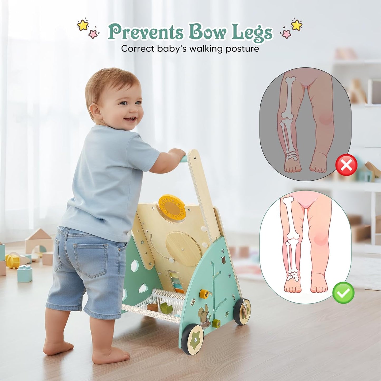 Montessori Schiebewagen aus Holz – 6-in-1 Spielzeug mit Spielelementen