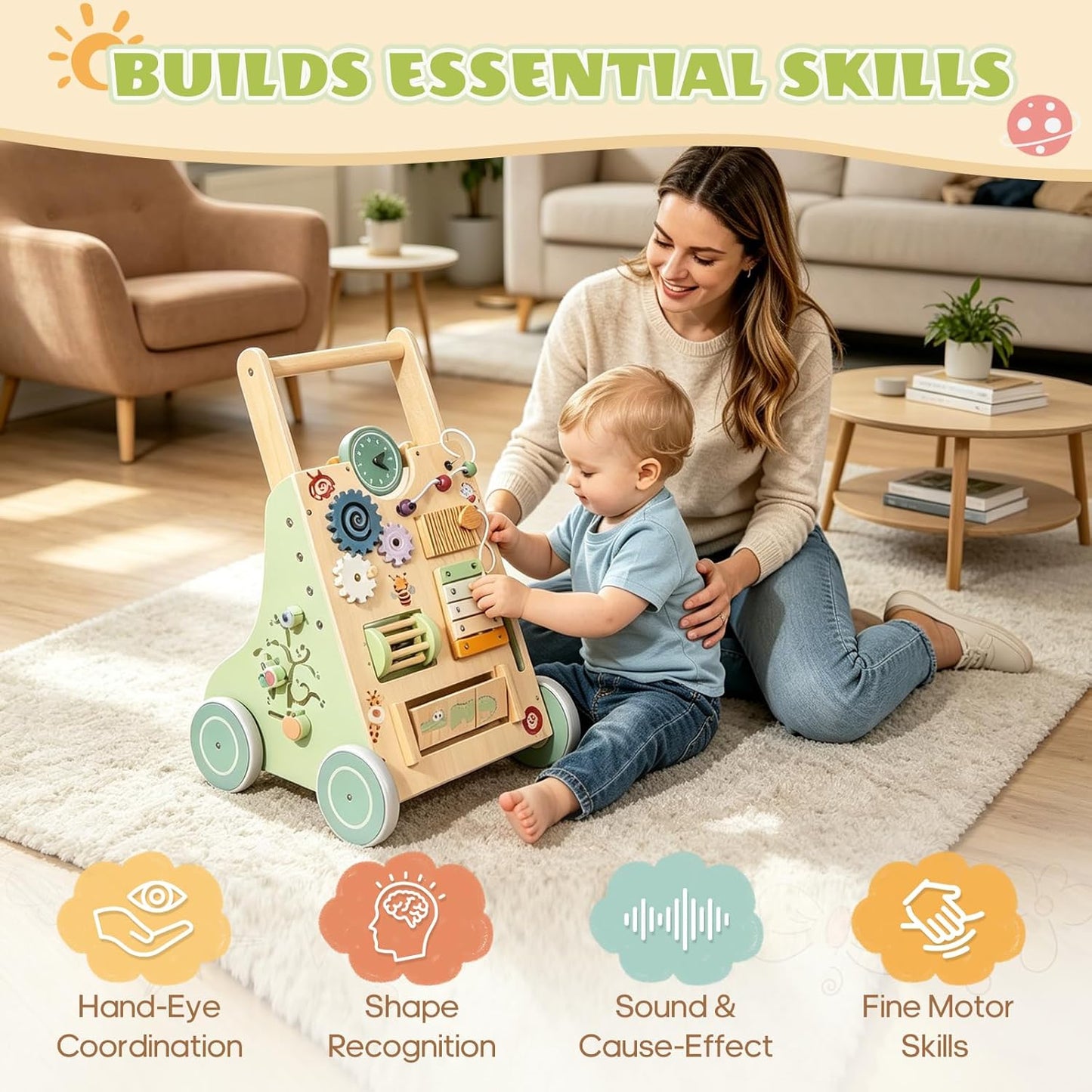 Montessori Schiebewagen aus Holz – 6-in-1 Spielzeug mit Spielelementen