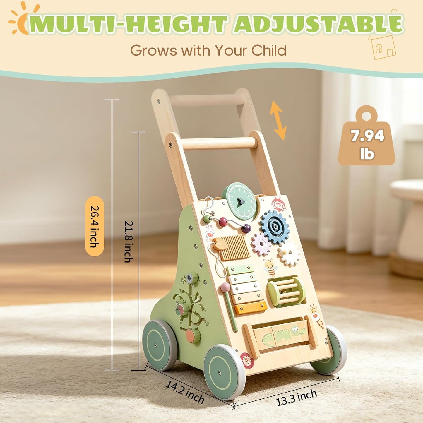 Montessori Schiebewagen aus Holz – 6-in-1 Spielzeug mit Spielelementen