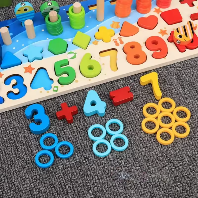 Juguete matemático de madera Montessori: tablero de conteo y juego de pesca para niños de 3 años en adelante