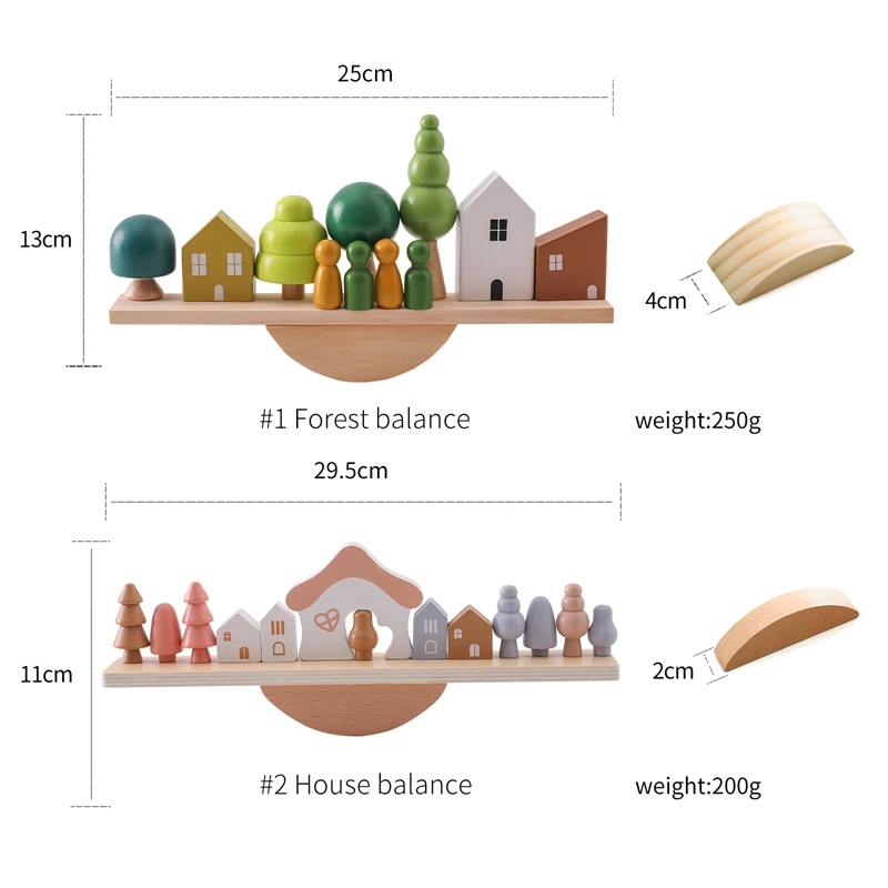 MontessoriLernwelt Holz Balancespielzeug – Größenvergleich Forest Balance und House Balance mit Maßen und Gewicht