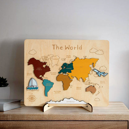 MontessoriLernwelt Holzpuzzle Weltkarte im Regal – Montessori Spielzeug für Kinder
