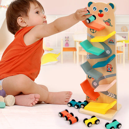 MontessoriLernwelt Bärchen-Kugelbahn aus Holz mit 6 bunten Autos – Lernspielzeug für Kinder ab 1 Jahr
