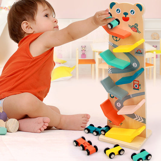 MontessoriLernwelt Bärchen-Kugelbahn aus Holz mit 6 bunten Autos – Lernspielzeug für Kinder ab 1 Jahr