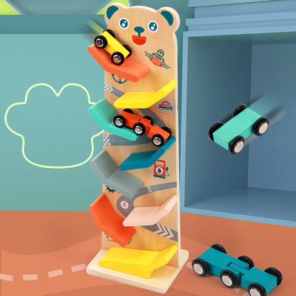 MontessoriLernwelt Bärchen-Kugelbahn aus Holz mit 6 bunten Autos – Lernspielzeug für Kinder ab 1 Jahr