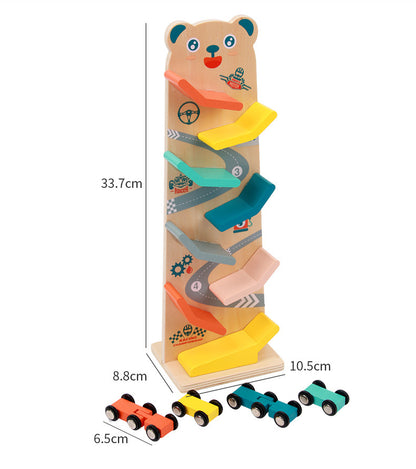 MontessoriLernwelt Bärchen-Kugelbahn aus Holz mit 6 bunten Autos – Lernspielzeug für Kinder ab 1 Jahr