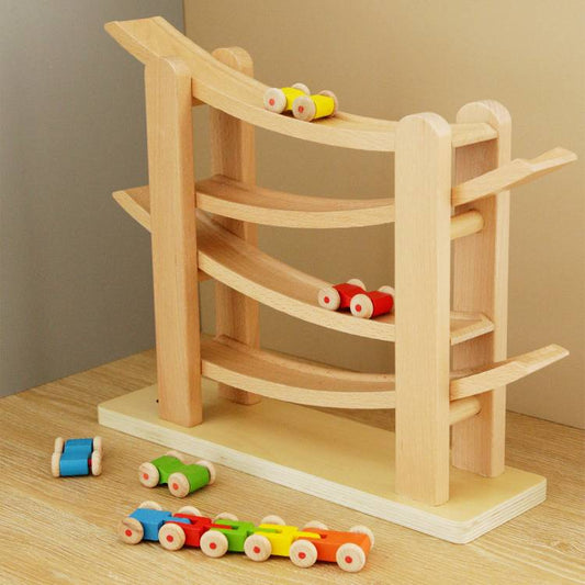MontessoriLernwelt Buchenholz Kugelbahn mit 5 Autos – Holzspielzeug & Rennbahn, Montessori Lernspielzeug für Kinder 2–6 Jahre