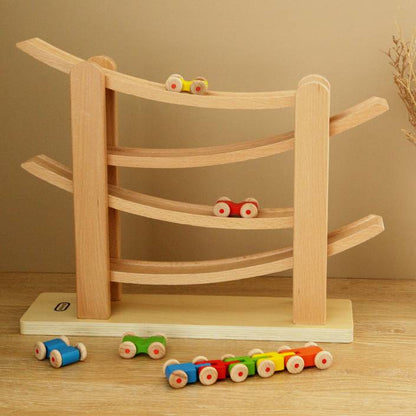 MontessoriLernwelt Buchenholz Kugelbahn mit 5 Autos – Holzspielzeug & Rennbahn, Montessori Lernspielzeug für Kinder 2–6 Jahre