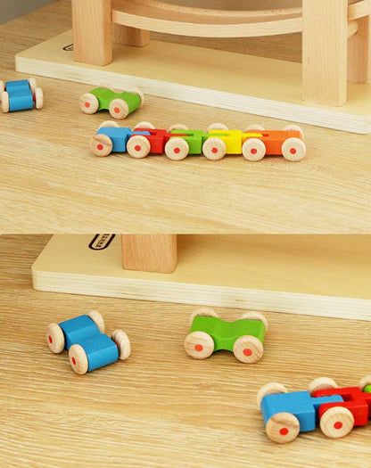 MontessoriLernwelt Buchenholz Kugelbahn mit 5 Autos – Holzspielzeug & Rennbahn, Montessori Lernspielzeug für Kinder 2–6 Jahre