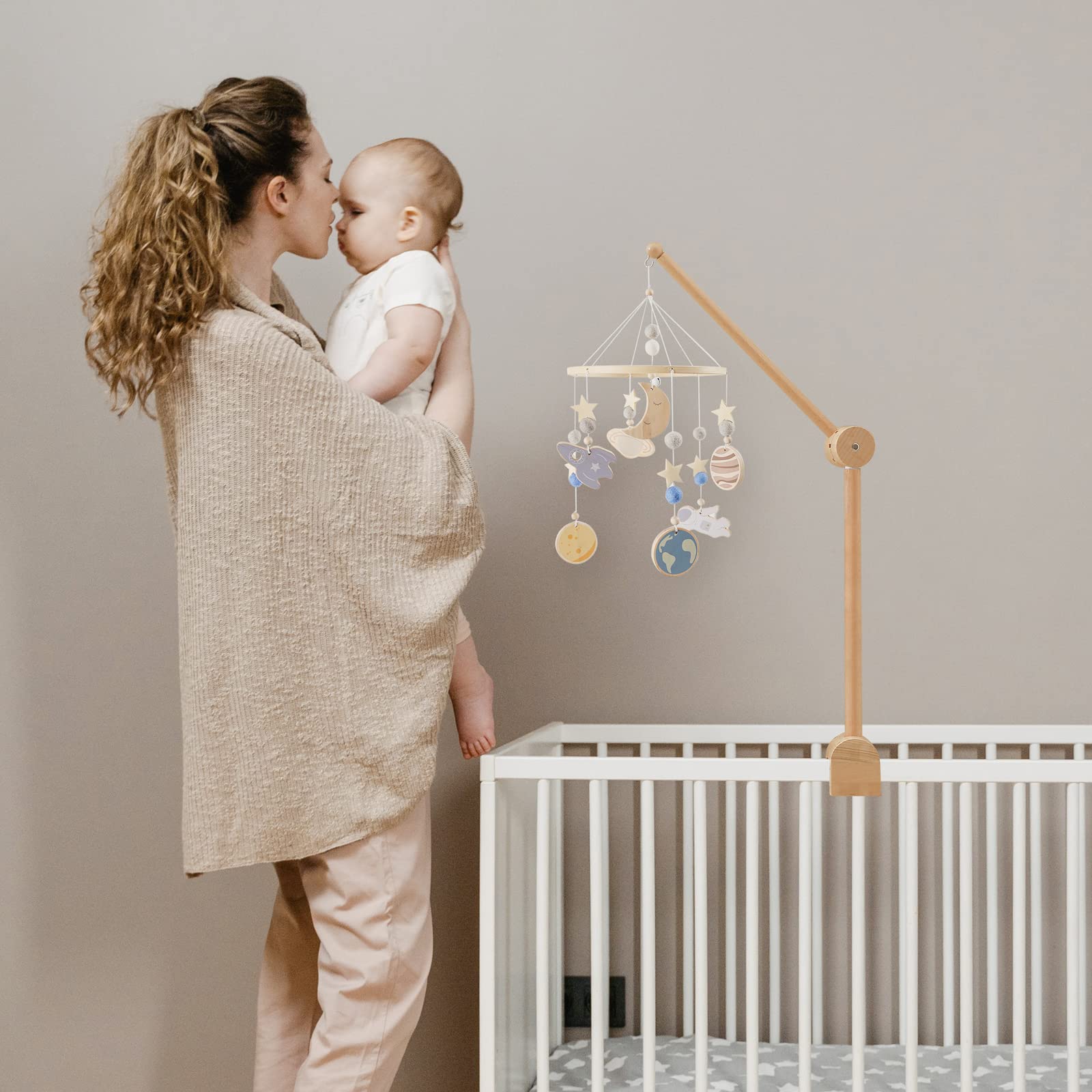 Holz-Mobile-Halter fürs Babybett, 360° drehbar, naturbelassenes Buchenholz