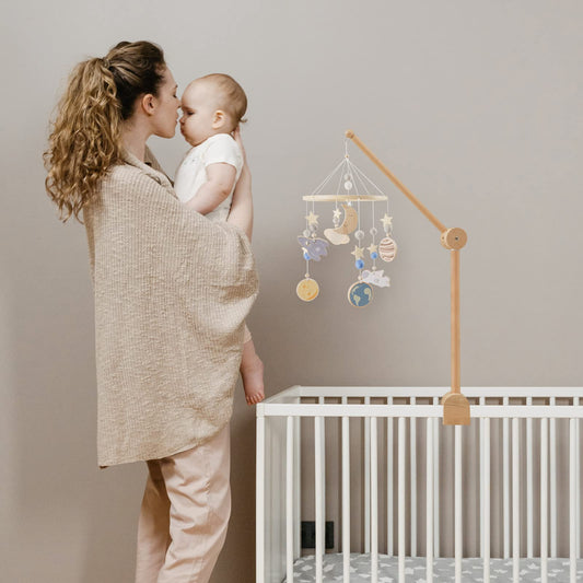 Holz-Mobile-Halter fürs Babybett, 360° drehbar, naturbelassenes Buchenholz