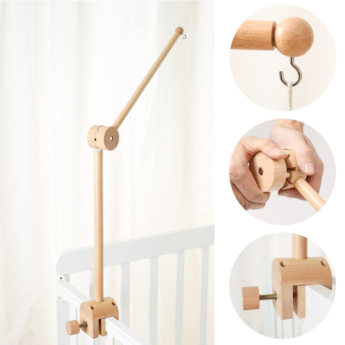 Holz-Mobile-Halter fürs Babybett, 360° drehbar, naturbelassenes Buchenholz