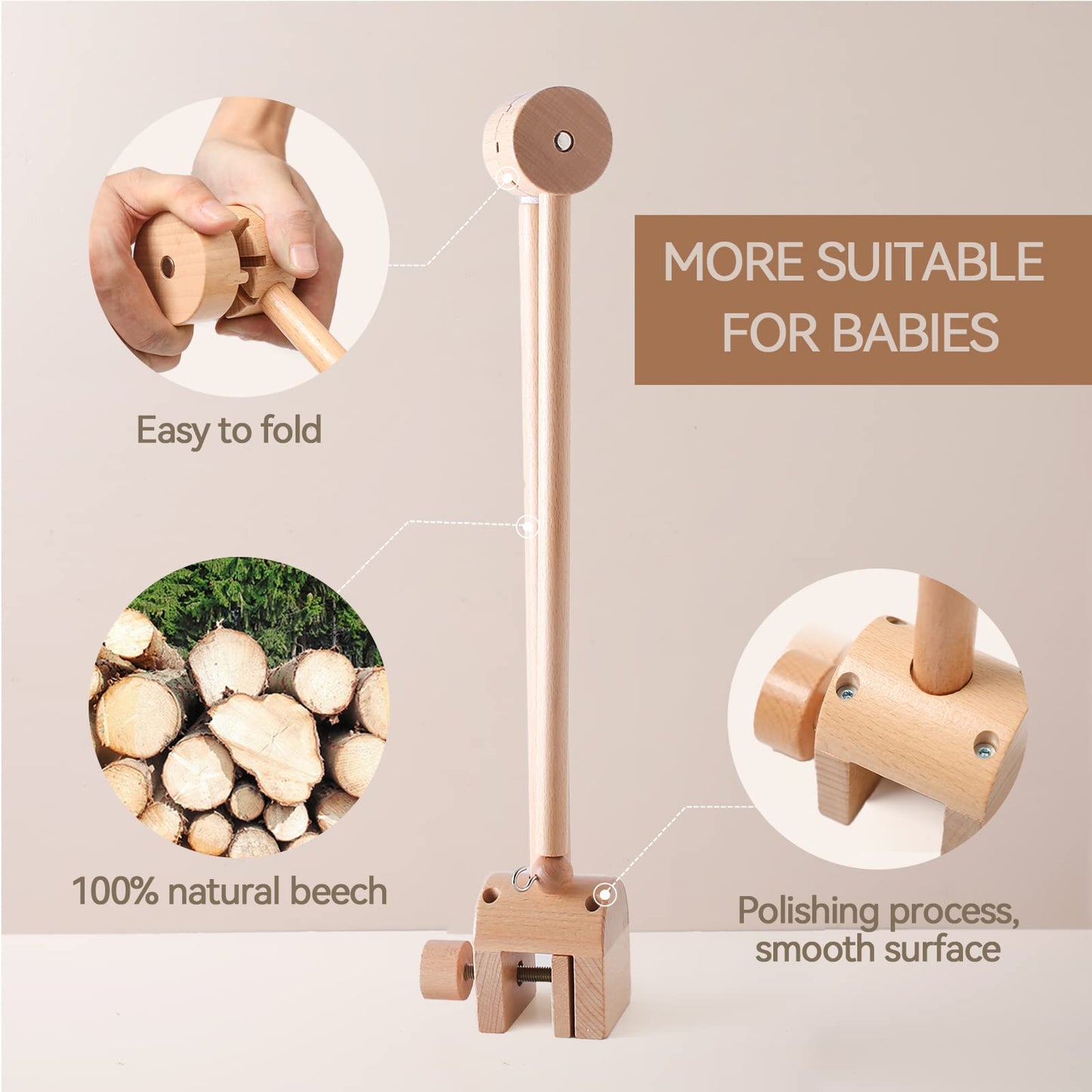 Holz-Mobile-Halter fürs Babybett, 360° drehbar, naturbelassenes Buchenholz