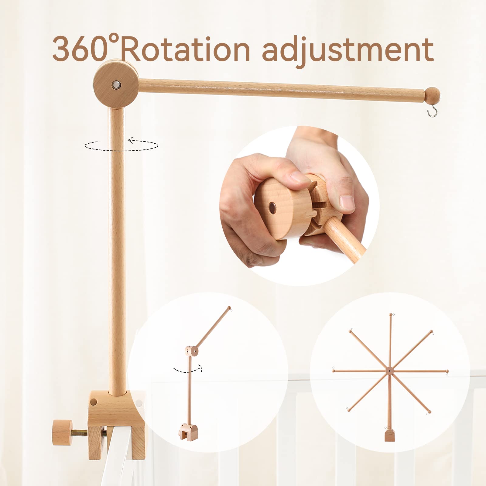 Holz-Mobile-Halter fürs Babybett, 360° drehbar, naturbelassenes Buchenholz