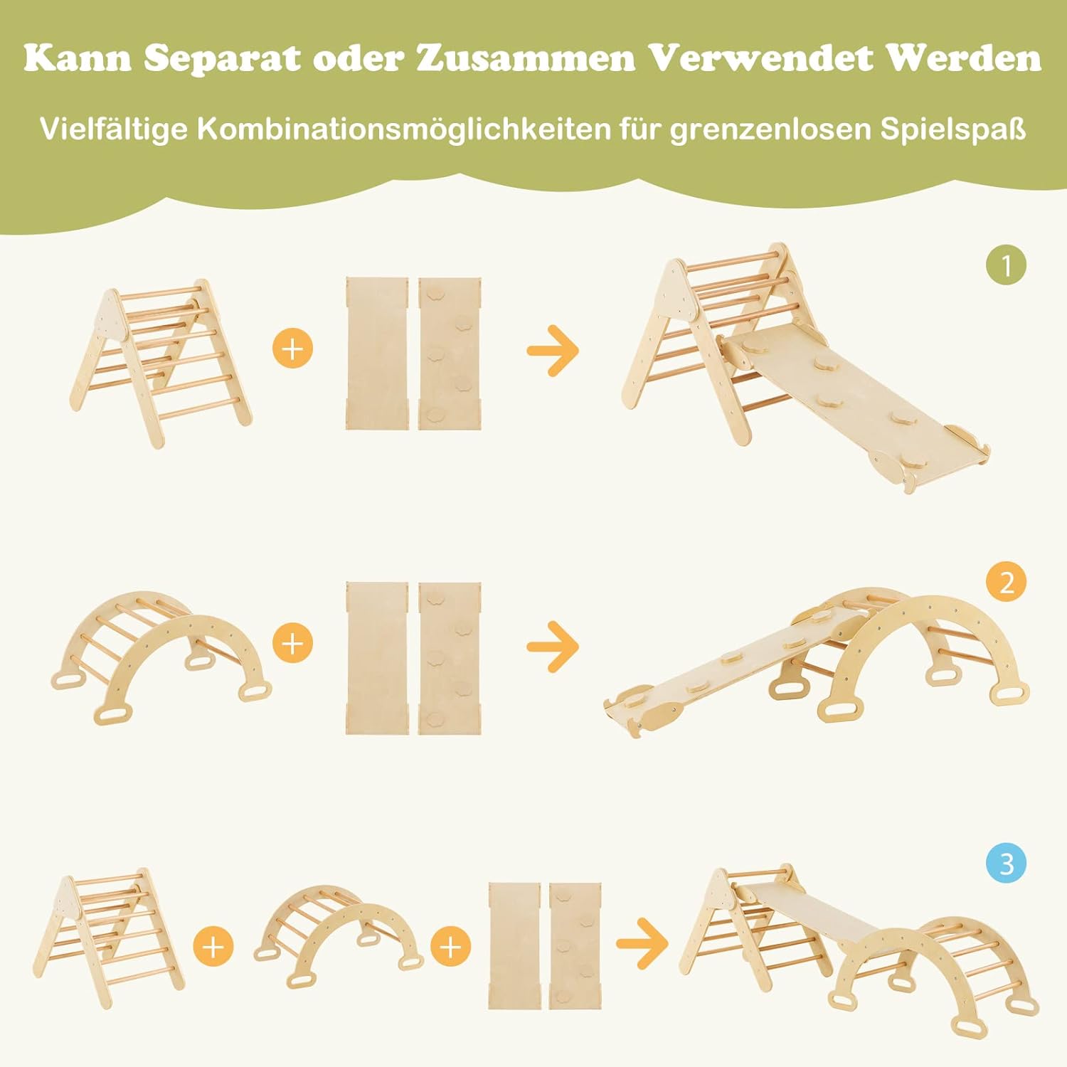 Pikler Dreieck 4-in-1 Set von MontessoriLernwelt – Kletterdreieck, Kletterbogen & Rampe