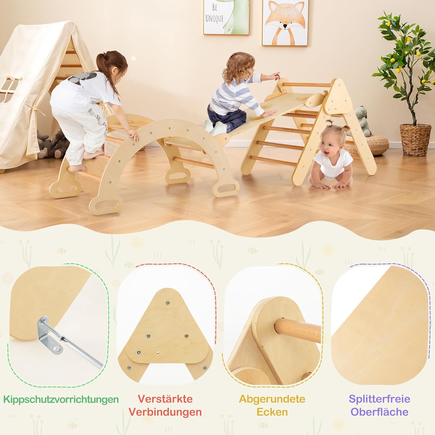 Pikler Dreieck 4-in-1 Set von MontessoriLernwelt – Kletterdreieck, Kletterbogen & Rampe