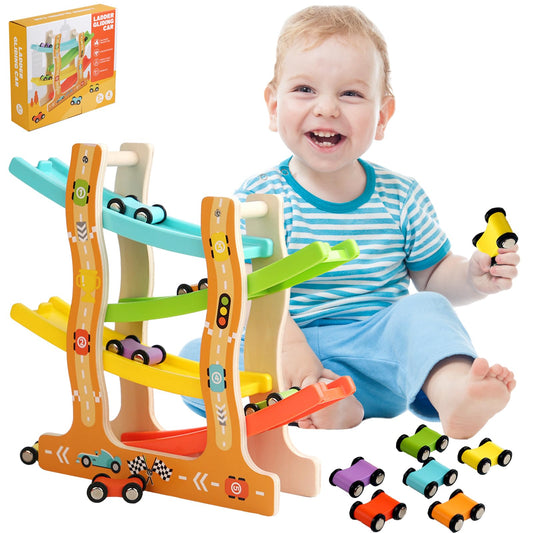 MontessoriLernwelt Kugelbahn Holz mit 6 Autos – buntes Lernspielzeug für Kinder ab 1 Jahr