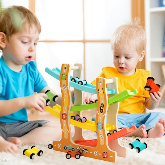 MontessoriLernwelt Kugelbahn Holz mit 6 Autos – buntes Lernspielzeug für Kinder ab 1 Jahr