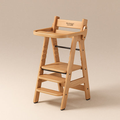 Hochstuhl aus Holz für Babys und Kinder von MontessoriLernwelt mit Tablett und Sicherheitsgurt