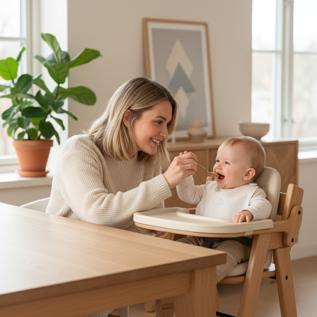 Hochstuhl aus Holz für Babys und Kinder von MontessoriLernwelt mit Tablett und Sicherheitsgurt