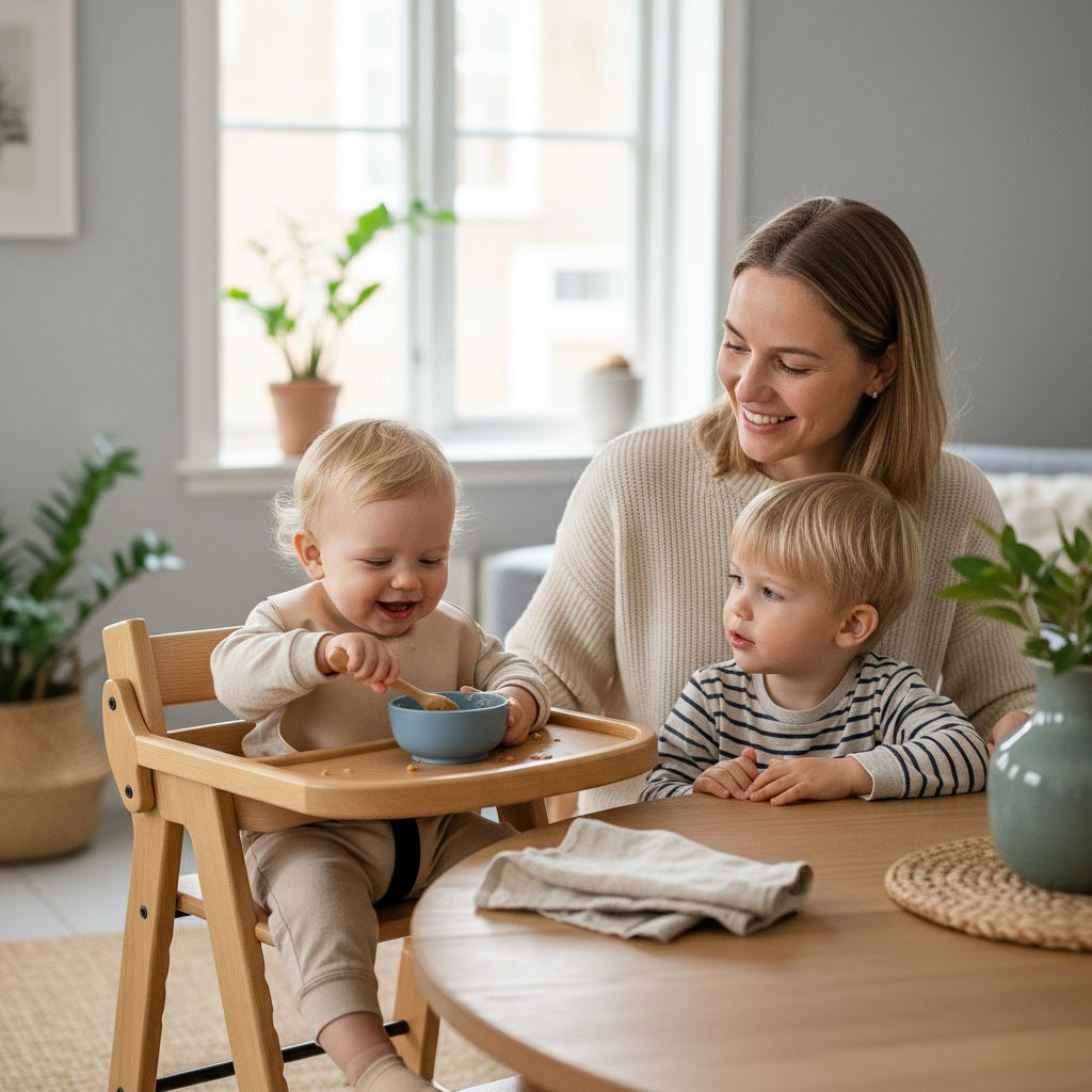 Hochstuhl aus Holz für Babys und Kinder von MontessoriLernwelt mit Tablett und Sicherheitsgurt